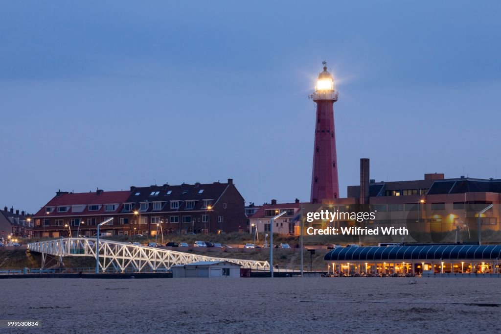 Beach promenade with lighthouse, Scheveningen, The Hague, Holland, The Netherlands