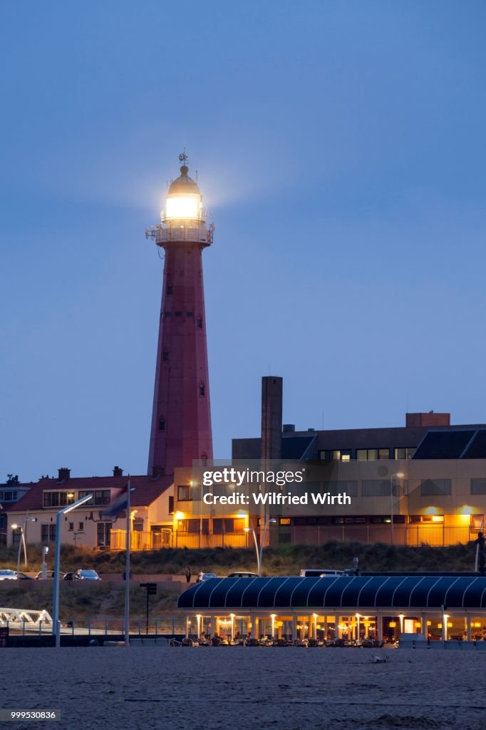 Beach promenade with lighthouse, Scheveningen, The Hague, Holland, The Netherlands