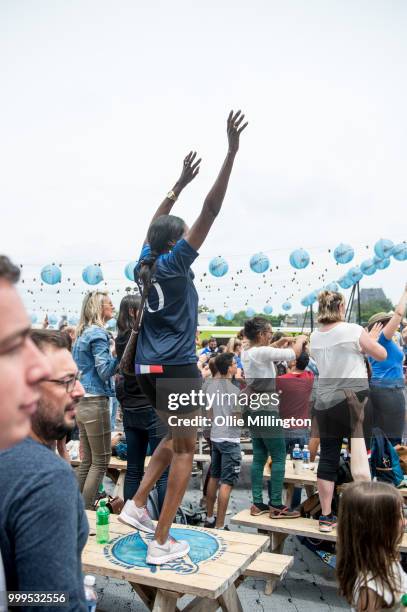 French Canadian football fans react as France win the Russia 2018 World Cup final football match against Croatia outside the Quebec Parliment...