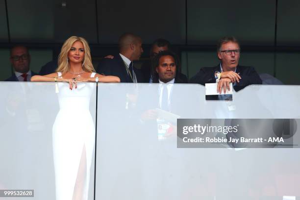 Laurent Blanc looks on with Christian Karembeu during the 2018 FIFA World Cup Russia Final between France and Croatia at Luzhniki Stadium on July 15,...