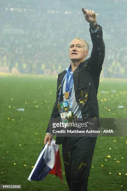 Didier Deschamps head coach / manager of France celebrates after winning the World Cup as a manager after previously winning it as a player during...