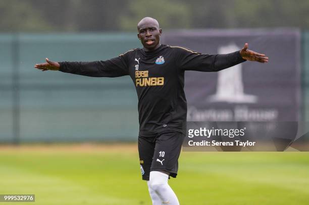 Mohamed Diame celebrates to the camera during the Newcastle United Training session at Carton House on July 15 in Kildare, Ireland.