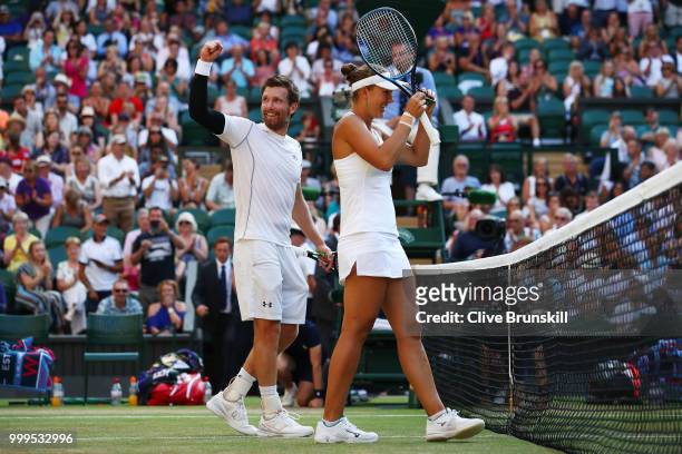 Alexander Peya of Austria and Nicole Melichar of The United States celebrate match point against Jamie Murray of Great Britain and Victoria Azarenka...