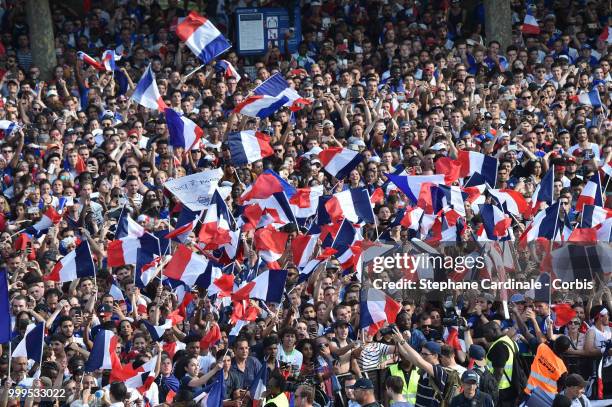 General view of the Fan Zone at the 'Champs de Mars' after the victory of France against Croatia during the World Cup Final, at the Champs de Mars on...