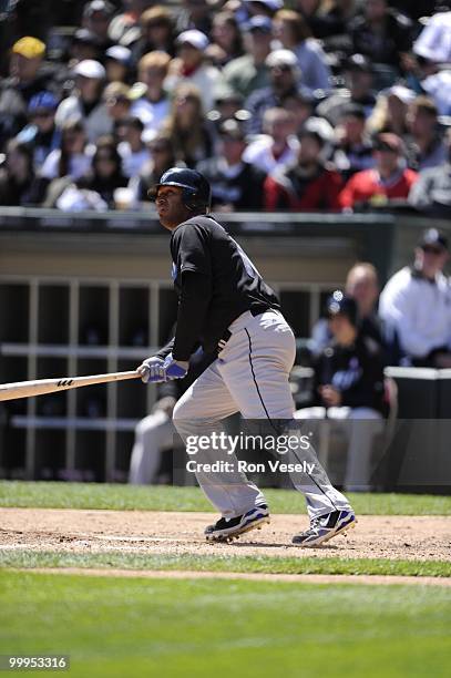 Vernon Wells of the Toronto Blue Jays hits a home run against the Chicago White Sox on May 9, 2010 at U.S. Cellular Field in Chicago, Illinois. The...