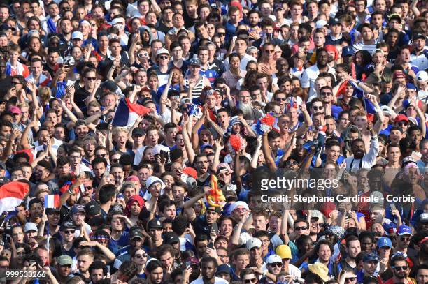 General view of the Fan Zone at the 'Champs de Mars' after the victory of France against Croatia during the World Cup Final, at the Champs de Mars on...