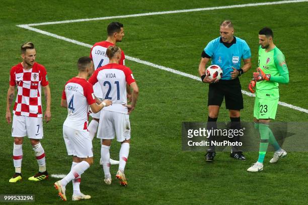 Referee Nestor Pitana Danijel Subasic Domagoj Vida Ivan Perisic Ivan Rakitic Dejan Lovren during the 2018 FIFA World Cup Russia Final between France...