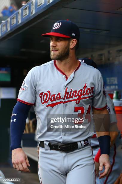 Bryce Harper of the Washington Nationals looks on prior to the game against the New York Mets at Citi Field on July 13, 2018 in the Flushing...