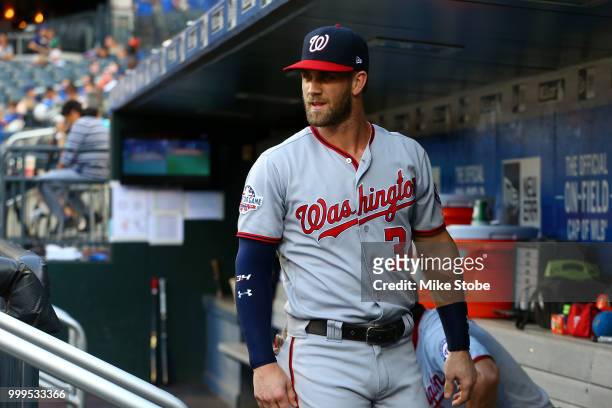 Bryce Harper of the Washington Nationals looks on prior to the game against the New York Mets at Citi Field on July 13, 2018 in the Flushing...