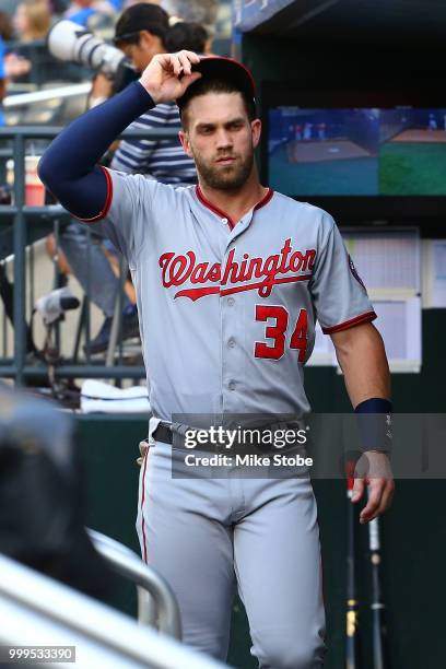 Bryce Harper of the Washington Nationals looks on prior to the game against the New York Mets at Citi Field on July 13, 2018 in the Flushing...