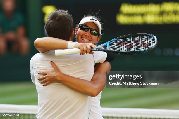 Alexander Peya of Austria and Nicole Melichar of The United States celebrate match point against Jamie Murray of Great Britain and Victoria Azarenka...