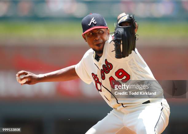 Julio Teheran of the Atlanta Braves pitches in the first inning of an MLB game against the Arizona Diamondbacks at SunTrust Park on July 15, 2018 in...