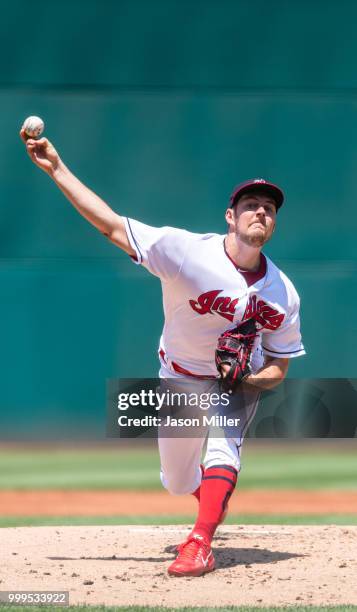 Starting pitcher Trevor Bauer of the Cleveland Indians pitches during the second inning against the New York Yankees at Progressive Field on July 15,...