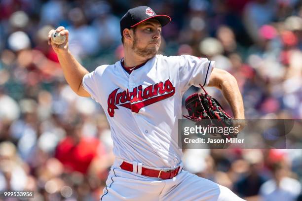 Starting pitcher Trevor Bauer of the Cleveland Indians pitches during the first inning against the New York Yankees at Progressive Field on July 15,...