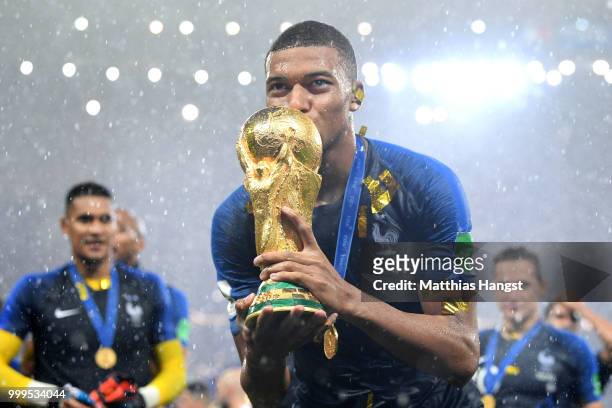 Kylian Mbappe of France celebrates with the World Cup Trophy following his sides victory in the 2018 FIFA World Cup Final between France and Croatia...