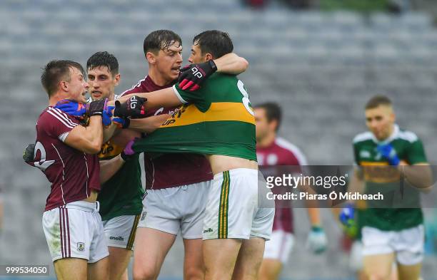 Dublin , Ireland - 15 July 2018; Paul Geaney and David Moran of Kerry tussle with Eoghan Kerin, left, and Thomas Flynn of Galway during the GAA...