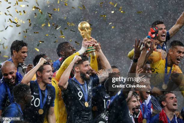 Hugo Lloris of France lifts the World Cup trophy to celebrate with his teammates after the 2018 FIFA World Cup Final between France and Croatia at...