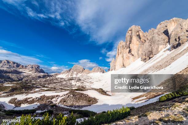 tre cime di lavaredo or drei zinnen, view from mountain pass col de medo, sexten dolomites, sesto dolomites, south tyrol, italy - medo 個照片及圖片檔