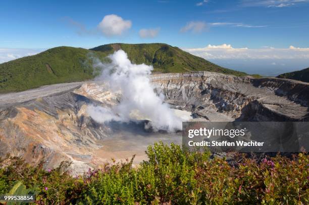 poas volcano with plume, laguna caliente crater lake, poas volcano national park, alajuela province, costa rica - stratovolcano 個照片及圖片檔