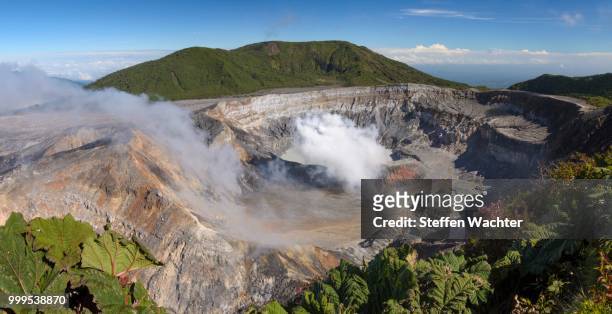 poas volcano with plume, laguna caliente crater lake, poas volcano national park, alajuela province, costa rica - stratovolcano 個照片及圖片檔