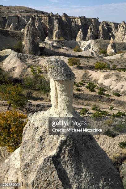 tufa formations, monks valley, pasabagi, nevsehir province, cappadocia, turkey - tufsteenrots stockfoto's en -beelden