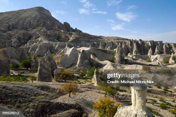 tufa formations, monks valley, pasabagi, nevsehir province, cappadocia, turkey - tufsteenrots stockfoto's en -beelden