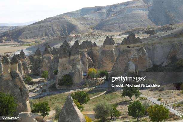 tufa formations, monks valley, pasabagi, nevsehir province, cappadocia, turkey - tufa stock pictures, royalty-free photos & images