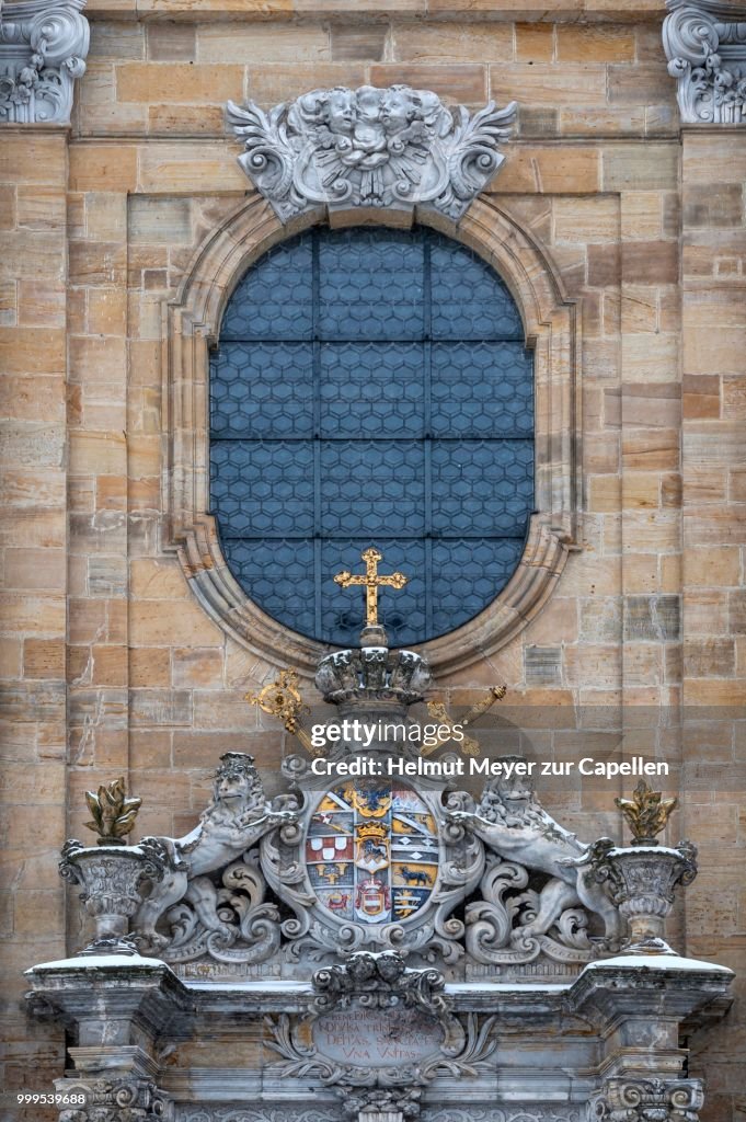 Coat of arms of Friedrich Carl von Schoenborn above the entrance of the Goessweinstein pilgrimage church of the Holy Trinity, consecrated in 1739, built by architect Baltasar Neumann, Goessweinstein, Upper Franconia, Bavaria, Germany