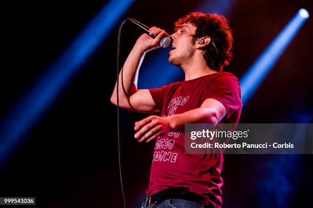 Enrico Roberto of Lo Stato Sociale performs on stage on July 14, 2018 in Rome, Italy.