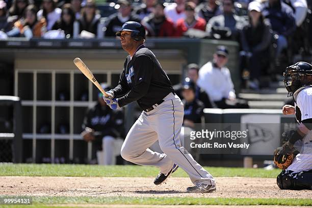 Vernon Wells of the Toronto Blue Jays bats against the Chicago White Sox on May 9, 2010 at U.S. Cellular Field in Chicago, Illinois. The Blue Jays...