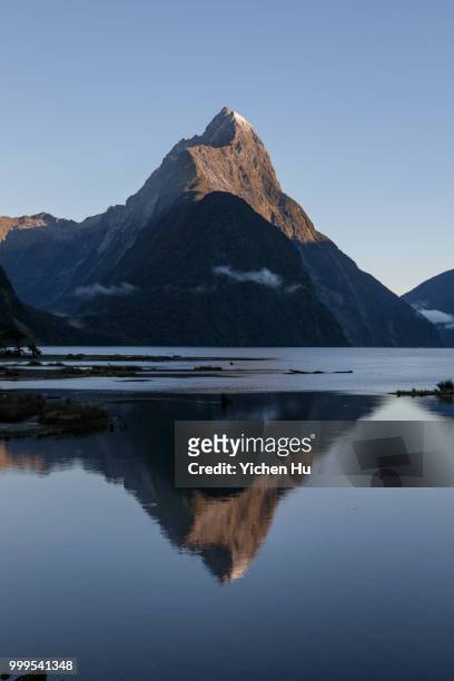 milford sound and mitre peak in a winter morning - mitre peak stock pictures, royalty-free photos & images