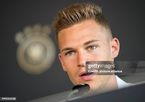 The German soccer player Joshua Kimmich during a press conference held before the World Cup Qualification match at the Mercedes-Benz Museum in...