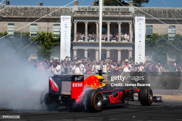 Patrick Friesacher of Austria performs donuts in the Red Bull Racing RB8 during the Goodwood Festival of Speed at Goodwood on July 15, 2018 in...