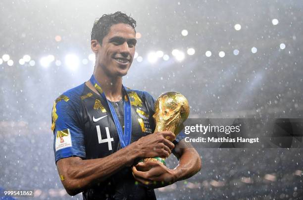 Raphael Varane of France celebrates with the World Cup trophy following the 2018 FIFA World Cup Final between France and Croatia at Luzhniki Stadium...