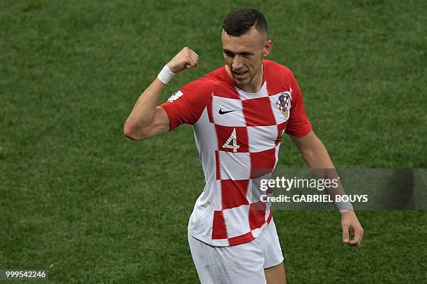 Croatia's forward Ivan Perisic celebrates after scoring a goal during the Russia 2018 World Cup final football match between France and Croatia at...