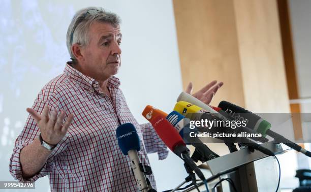 Ryanair CEO Michael O'Leary giving his statements during a press conference on Air Berlin's bankruptcy and potential future in Berlin, Germany, 30...