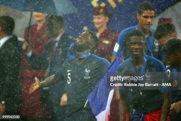 Samuel Umtiti of France reacts at the end of the 2018 FIFA World Cup Russia Final between France and Croatia at Luzhniki Stadium on July 15, 2018 in...