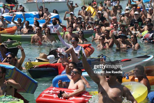 People react to Croatia scoring their 1st goal against France in the World Cup final as it is being broadcast from the Ballyhoo Media boat setup in...