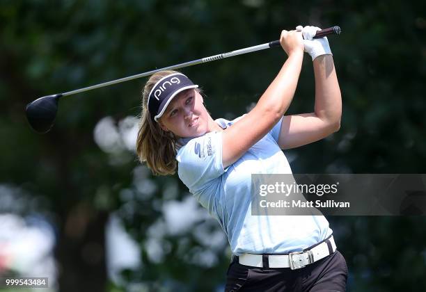 Brooke Henderson of Canada watches her tee shot on the third hole during the final round of the Marathon Classic Presented By Owens Corning And O-I...