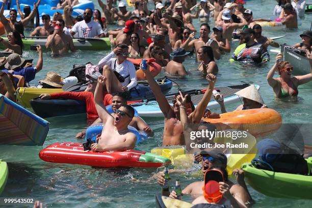 People react to Croatia scoring their 1st goal against France in the World Cup final as it is being broadcast from the Ballyhoo Media boat setup in...