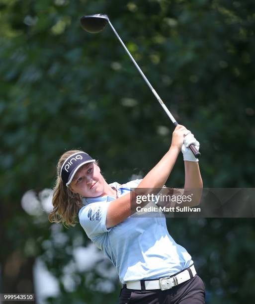 Brooke Henderson of Canada watches her tee shot on the third hole during the final round of the Marathon Classic Presented By Owens Corning And O-I...