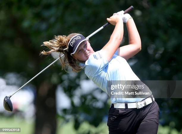 Brooke Henderson of Canada watches her tee shot on the third hole during the final round of the Marathon Classic Presented By Owens Corning And O-I...