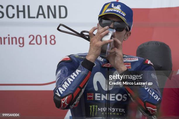 Maverick Vinales of Spain and Movistar Yamaha MotoGP celebrates the third place on the podium at the end of the MotoGP race during the MotoGp of...
