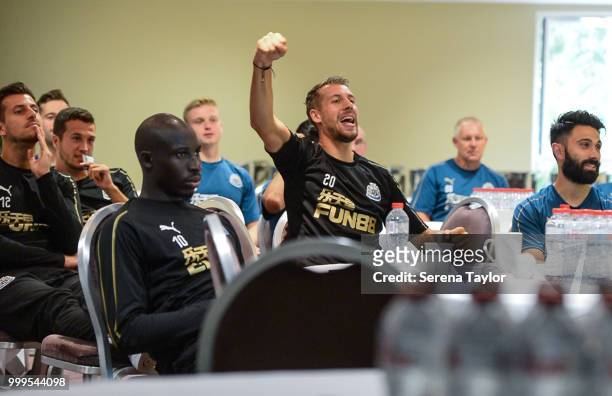 Florian Lejeune celebrates as France wins the 2018 FIFA World Cup during the Newcastle United Training session at Carton House on July 15 in Kildare,...