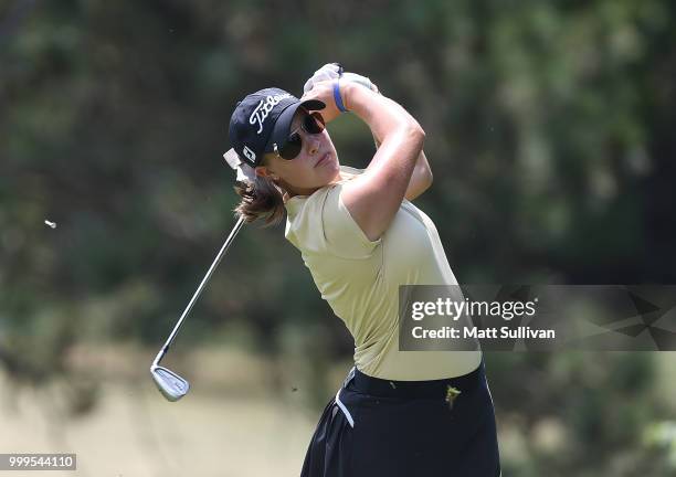 Jennifer Kupcho watches her tee shot on the second hole during the final round of the Marathon Classic Presented By Owens Corning And O-I at Highland...