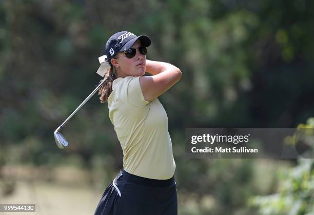 Jennifer Kupcho watches her tee shot on the second hole during the final round of the Marathon Classic Presented By Owens Corning And O-I at Highland...