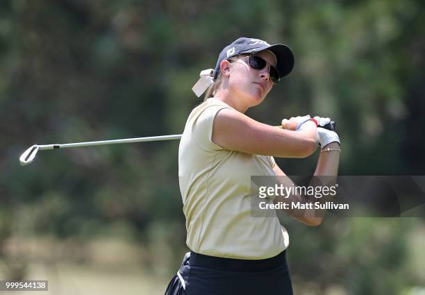 Jennifer Kupcho watches her tee shot on the second hole during the final round of the Marathon Classic Presented By Owens Corning And O-I at Highland...