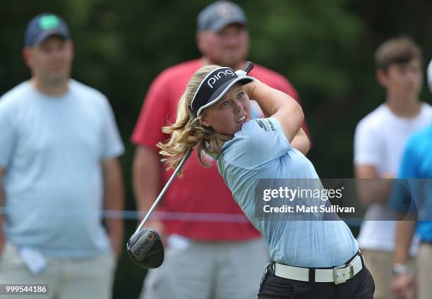 Brooke Henderson of Canada watches her tee shot on the fourth hole during the final round of the Marathon Classic Presented By Owens Corning And O-I...