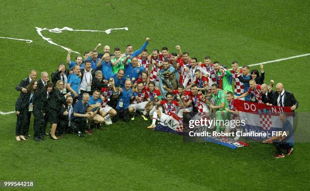 The Croatia players pose for a team photo as they finish runners-up after the 2018 FIFA World Cup Final between France and Croatia at Luzhniki...