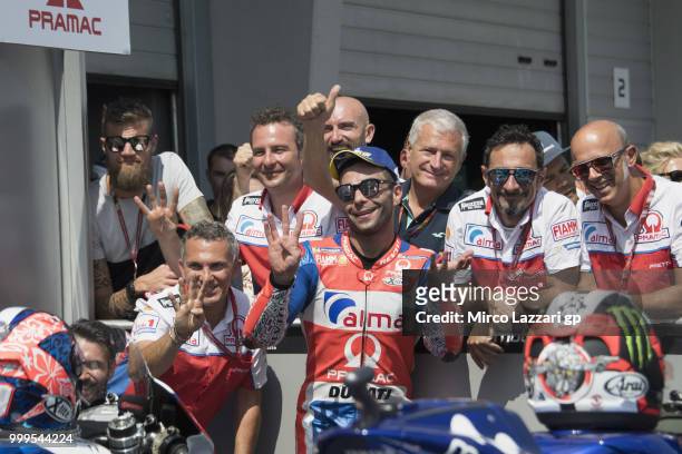 Danilo Petrucci of Italy and Alma Pramac Racing celebrates the Indipendent team victory under the podium at the end of the MotoGP race during the...